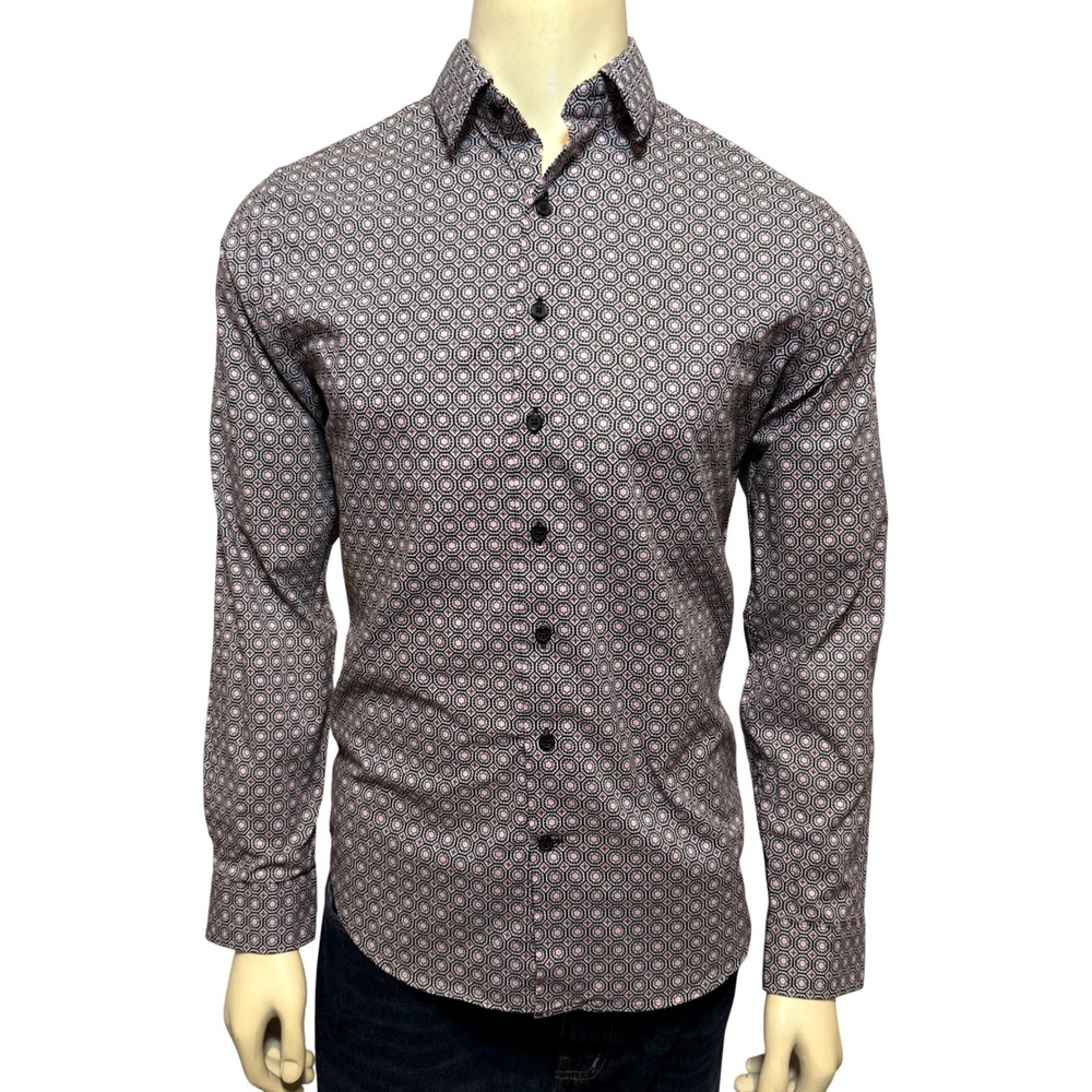 Express Slim Fit Mens Small Medallion Print Button Down Shirt Black Burgundy S